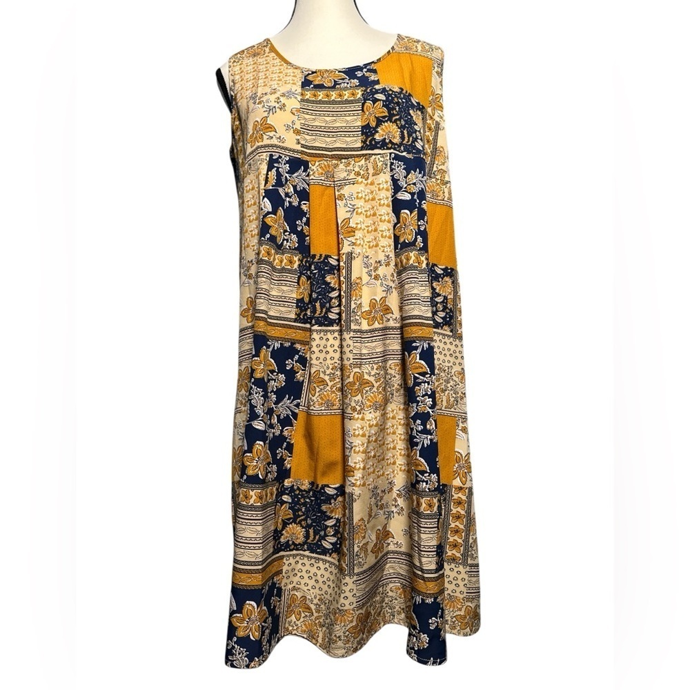 Emery Rose Patchwork Printed Sleeveless Dress - Yellow and Blue